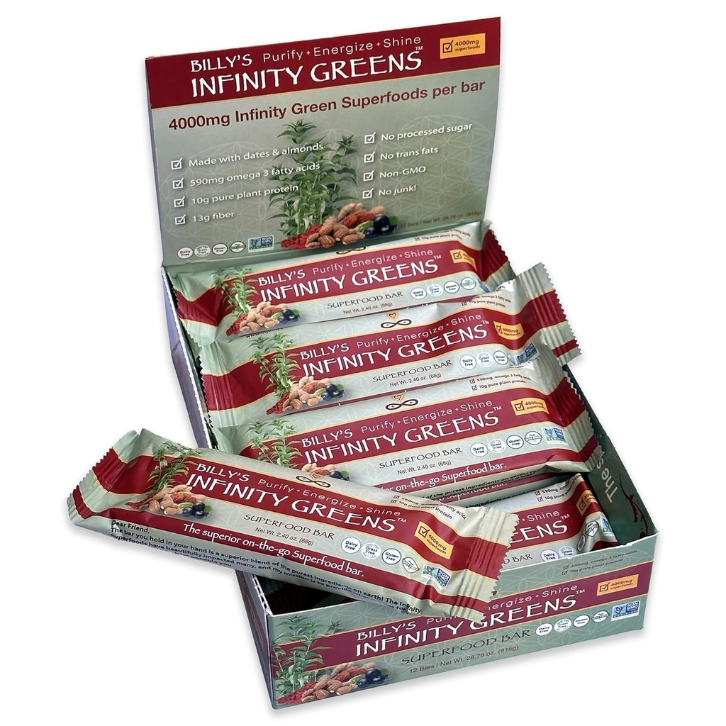 Infinity Greens Superfood Bars, barre de remplacement de repas à base végétale avec 4000mg Infinity Greens Superfood Poudre, biologique, crue, sans gluten, non OGM (12 bars)