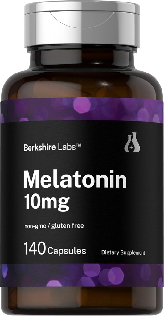 Horbäach Berkshire Labs Melatonin 10 mg 140 Capsules à libération rapide Formule de force extra-OGM, Supplément sans gluten