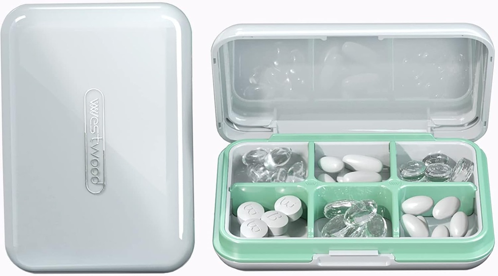 Organisateur de pilules de voyage Humidité Imperméable Petite boîte à pilules pour la purée de poche 6 Compartiments Portable Pill Case Medicine Conteneur de support vitaminique (Blanc, 6 Compartiments)