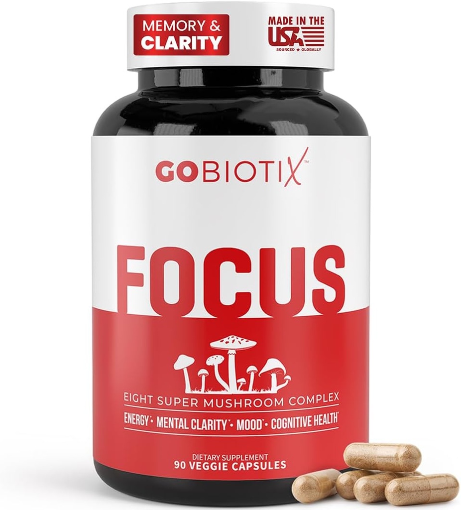 GOBIOTIX Focus Lions Mane Supplement - Mushroom Complex - Nootropics Adaptogen Vitamins - Memory, Clarity, Energy, Immune Support, Cordyceps, Reishi, Chaga, and Maitake - 90 Capsules