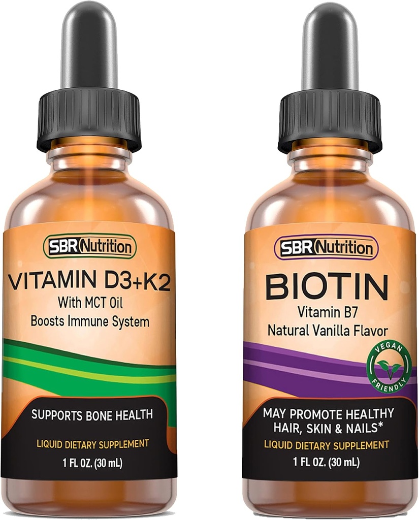 SBR Nutrition D3+K2 et mélange de biotine Vitamine D3K2 (MK7) gouttes liquides, menthe poivrée, 1 oz