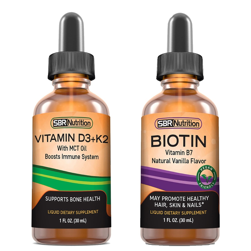 SBR Nutrition D3+K2 et mélange de biotine Vitamine D3K2 (MK7) gouttes liquides, menthe poivrée, 1 oz