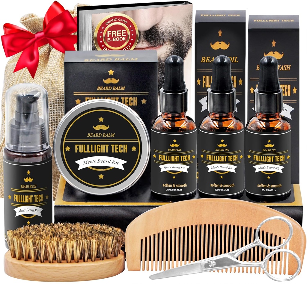 Kit de barbe pour hommes Grooming & Care W/3 Pack Huile de barbe, Laver, Baume, Peigne, Brosse, Ciseaux, Valentine anniversaire Pères Cadeaux Idée pour mari Lui Boyfriend Papa Hommes Noël Bas Stouffers