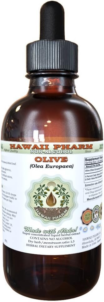 Extrait liquide sans alcool d'olive, olive biologique (Olea europaea) Feuille séchée glycérite supplément à base de plantes naturelles, Hawaii Pharm, États-Unis 2 fl.oz