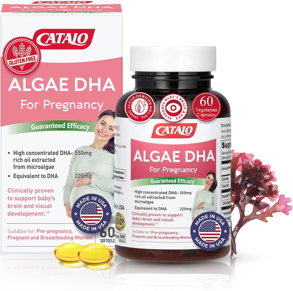 CATALO Omega 3 Algae DHA pour les femmes - 550mg DHA-Rich huile de microalgues, idéal pour la prénatale, la grossesse et l'allaitement, les softgels végétariens, sans gluten - 60 Softgels