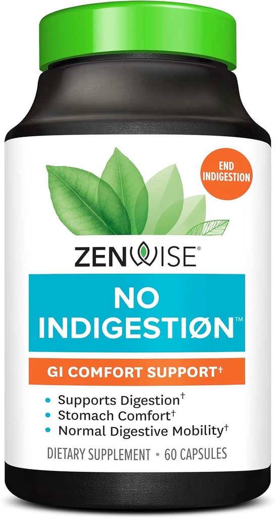Zenwise Pas d'indigestion - Relief d'indigestion avec enzymes digestives, vinaigre de cidre de pomme, gingembre et menthe poivrée pour la santé, la constipation et le gonflement, supplément de fibre végétalienne femmes et hommes