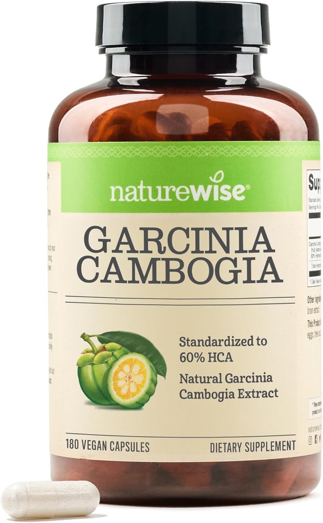 Naturewise Garcinia Cambogia - 60% HCA Concentration Extract, Natural Support for Weight Goals and Energy Levels - Vegan, Non-GMO, Gluten Free - 180 Capsules[2-6 Month Supply]