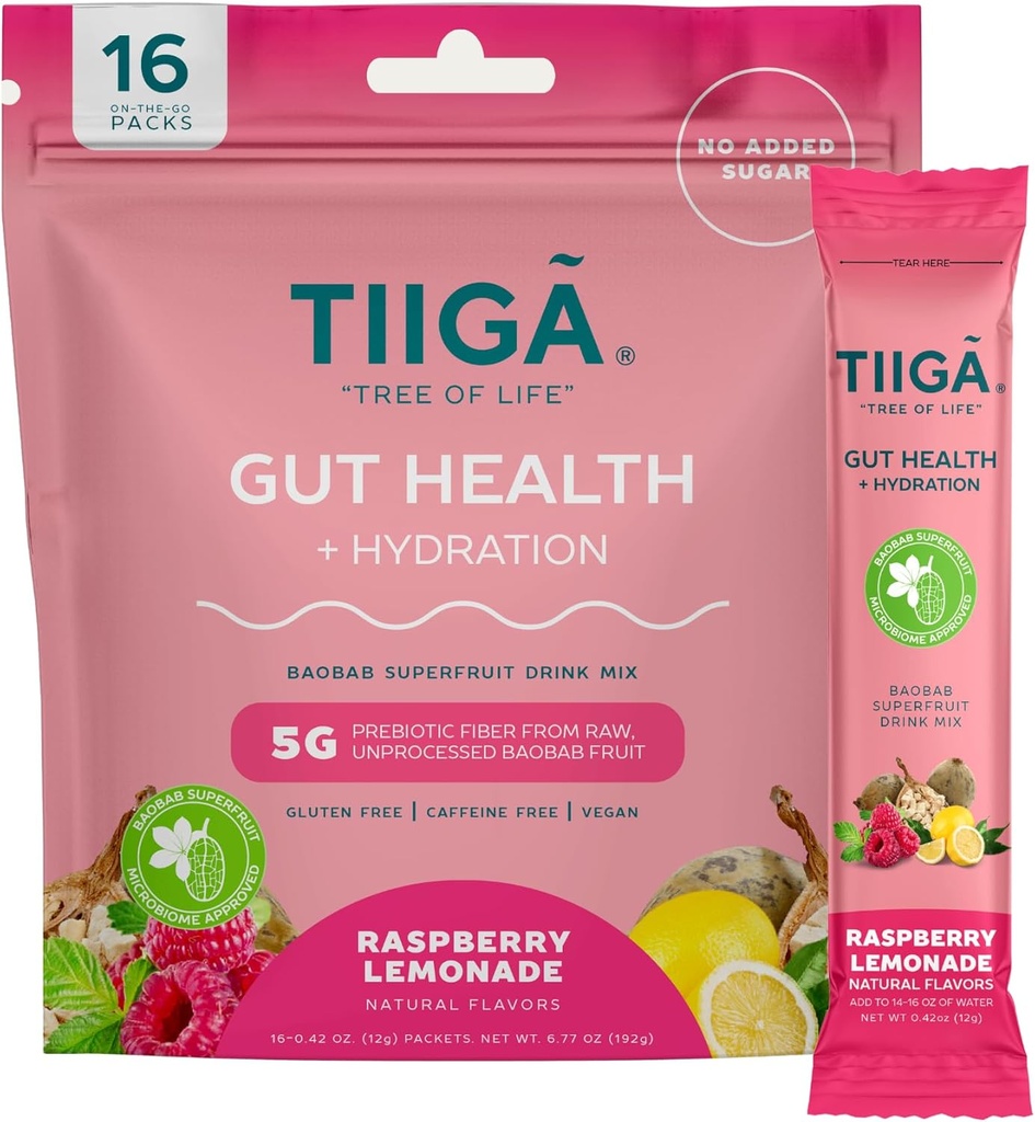 Tiiga Gut Health + Mélange de boisson d'hydratation – 7g Baobab, 5g fibre prébiotique, électrolytes, pas de lait, végétalien, pas de sucre ajouté, digestion, régularité, et constipation – 16 portions