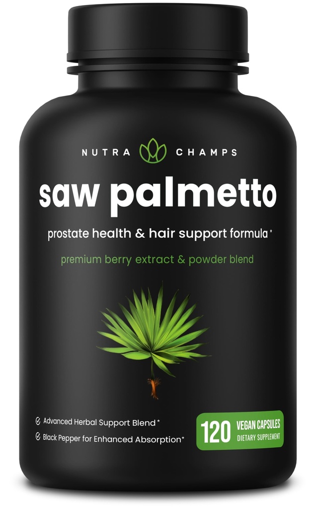 NutraChamps Saw Palmetto Supplément pour la santé de la prostate [Extra Strength] Complexe de 600mg avec extrait, poudre de baie et herbes - Soutienne la fréquence d'urine saine, 120 Capsules