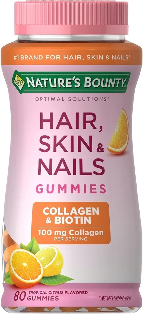 Nature's Bounty Hair, Skin & Nails with Biotin and Collagen, Supports Hair Skin and Nail Health, 2500 mcg, Citrus Flavored Gummies, 140 Ct