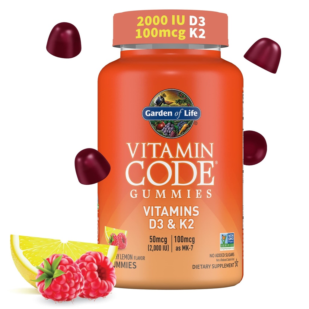 Jardin de la vie Vitamine Code D3 & K2 Gummies avec prébiotiques et probiotiques - Bone Health, Immune Health, et soutien digestif, non-OGM, sans gluten, parfum de citron de framboise, 45 Gummies