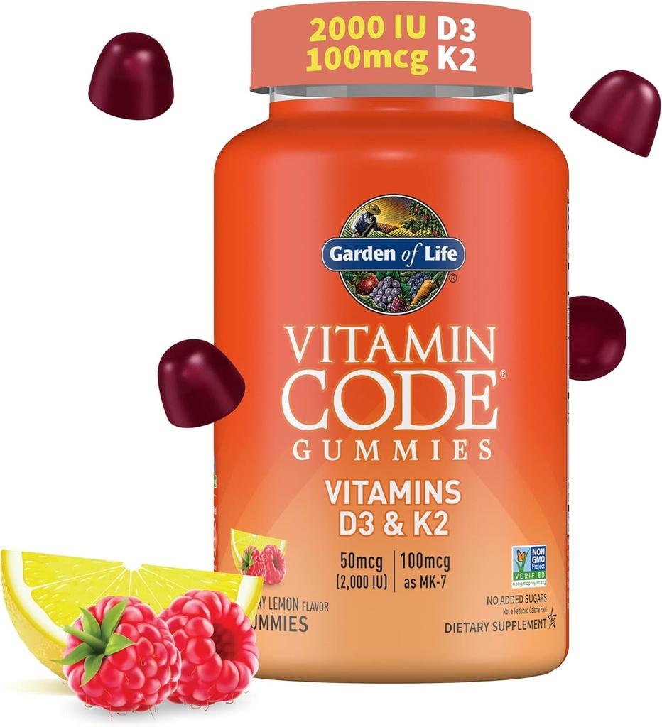 Vitamine D3 + K2 Gommies avec prébiotiques et probiotiques pour la digestion, 2000 UI Vitamine D3 + 100 mcg K2 pour la santé des os et des immunes pour les adultes, code vitamine, non-OGM, sans gluten, 45 Gommes de citron de framboise