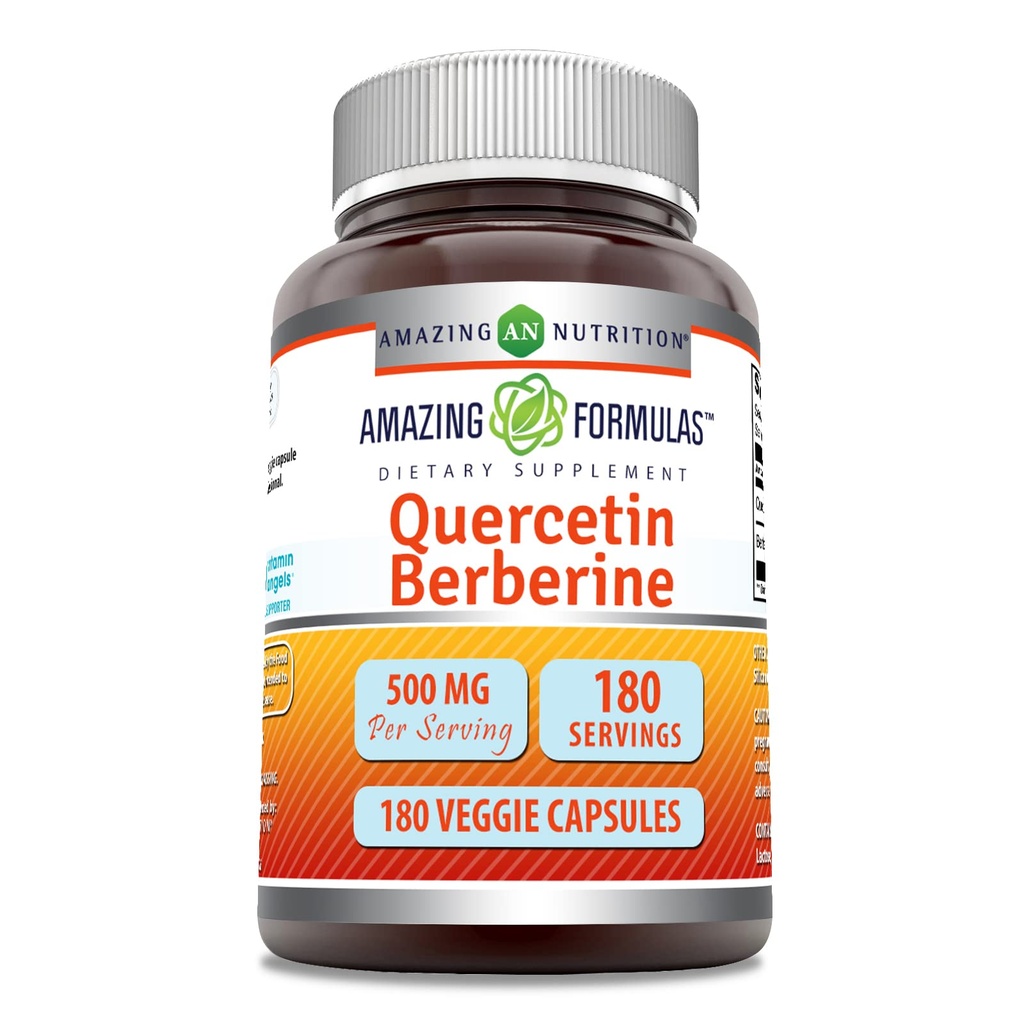 Formules étonnantes Quercetin Berberine - 250mg Berberine et 250mg Quercetin, 180 Capsules de Veggie Supplément de non-OGM , sans gluten , Fabriqué aux États-Unis , Idéal pour les végétariens