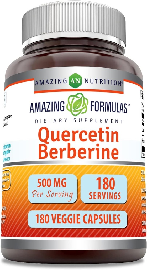 Formules étonnantes Quercetin Berberine - 250mg Berberine et 250mg Quercetin, 180 Capsules de Veggie Supplément de non-OGM , sans gluten , Fabriqué aux États-Unis , Idéal pour les végétariens