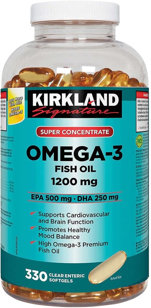 Kirkland Signature Super Concentrate Omega-3 Huile de poisson 1200mg, EPA 500/DHA 250mg, 330 Softgels entériques clairs