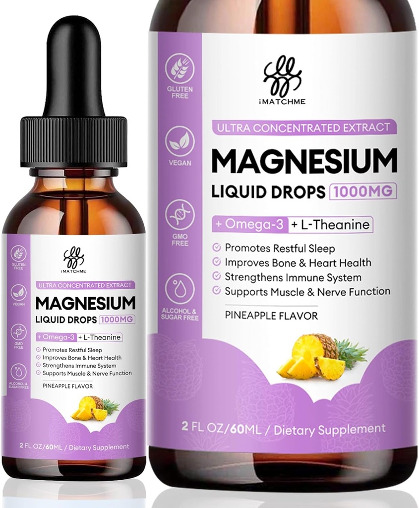 Magnesium Complex, Magnesium Glycinate, Oxide, Taurate and Citrate Liquid Drops for Bone, Heart, Muscle, Immune, Energy, Sleep & Digestion, High Absorption, Sugar-Free Pineapple Flavor, 2 Fl Oz