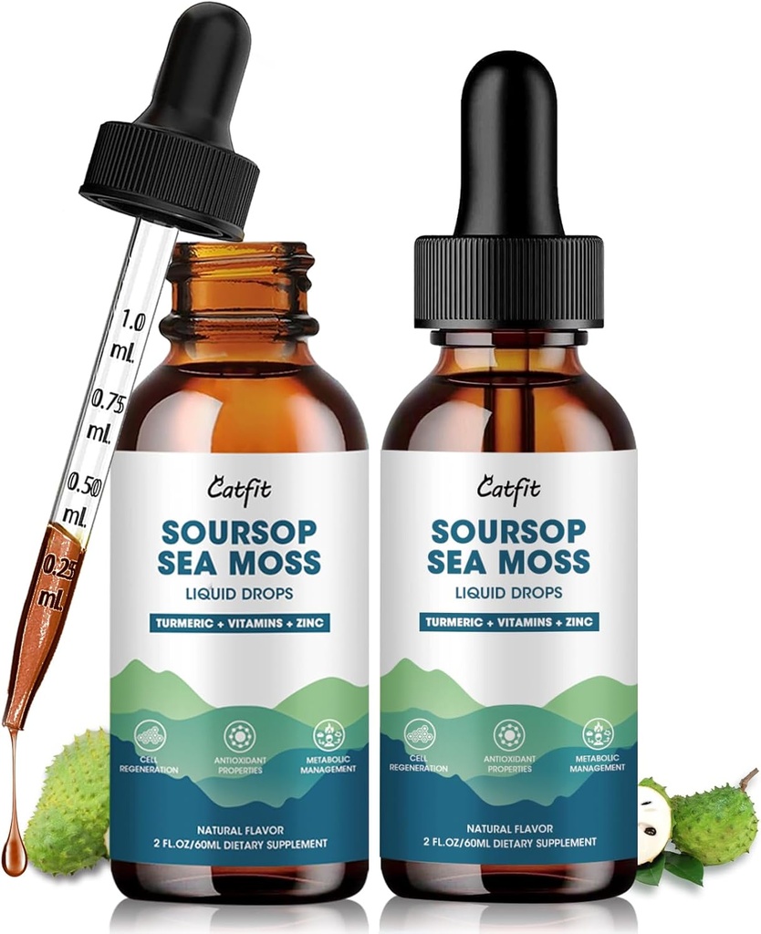 Soursop Graviola Liquid Drop – 2 pack Soursop Drops avec la mousse de mer et le curcuma, le soutien cellulaire et l'immunité Boost Liquid Supplement, 2 Fl Oz