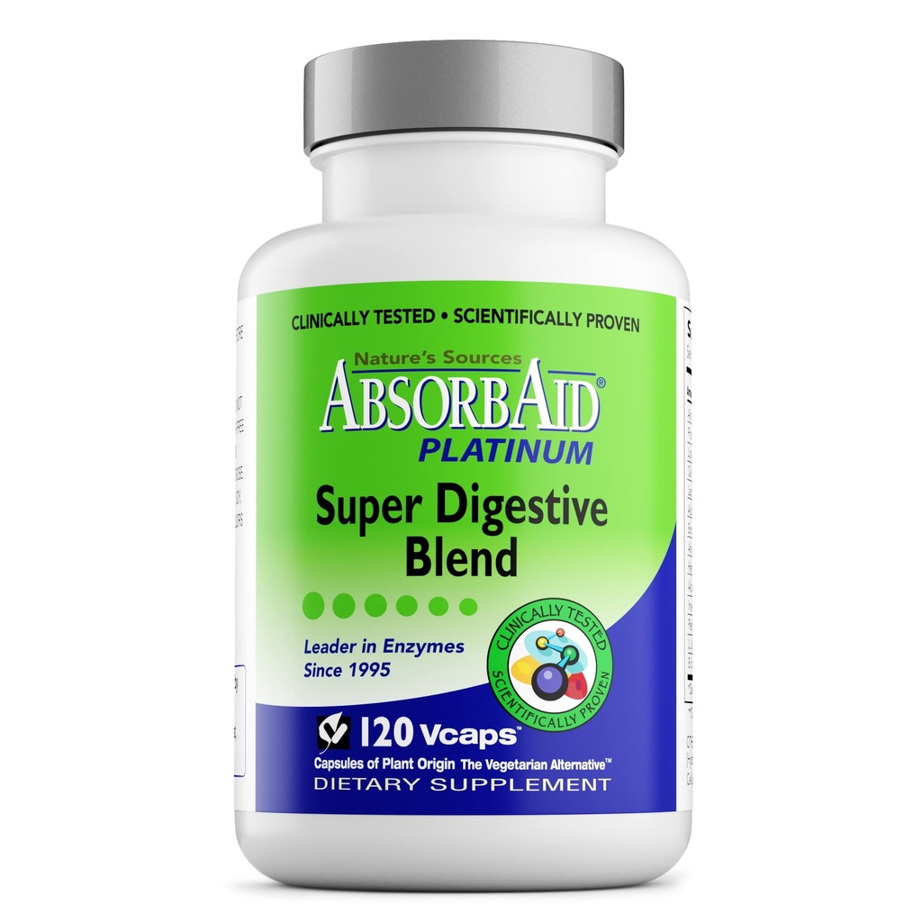 AbsorbAid Platinum Enzyme digestif support 120 vCaps, 12 enzymes digestives Plus 2 probiotiques pour un soulagement maximal