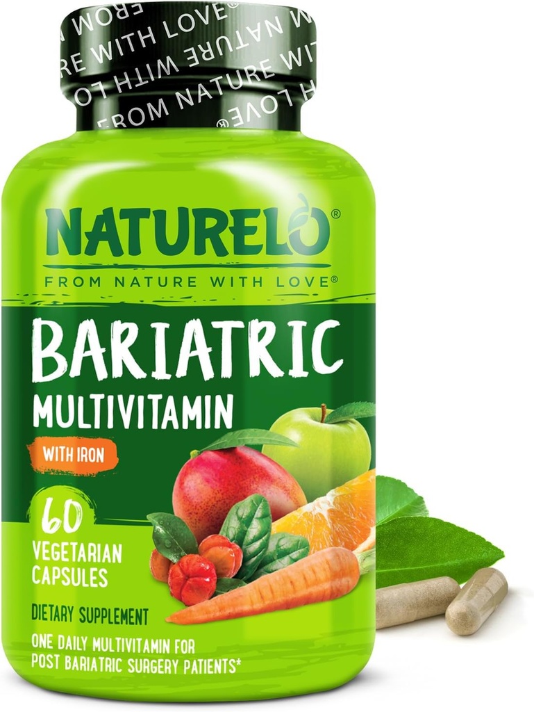 NATURELO Multivitamine bariatrique - Un jour avec le fer - Supplément pour les patients de chirurgie de contournement gastrique - Alimentation naturelle entière - 60 capsules de légumes