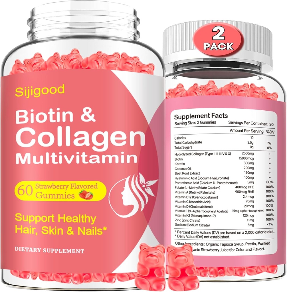 2 Pack Gommies de collagène pour femmes hommes, Hydrolysed Collagen Peptides Types I,II,III,V,X avec Biotine et acide hyaluronique, Vitamines C A D E B12 K2 Support, sans sucre pour les ongles de peau Immunity Energy
