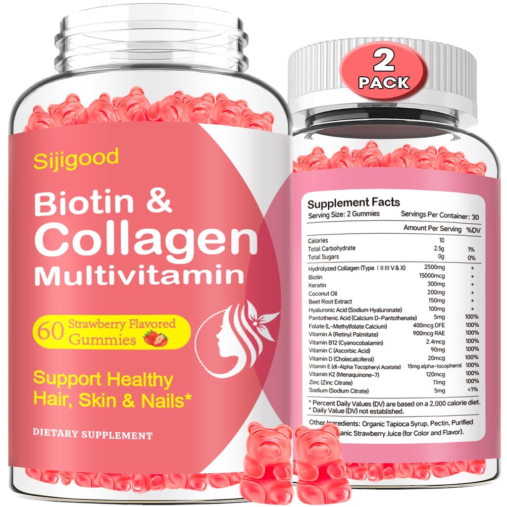 2 Pack Gommies de collagène pour femmes hommes, Hydrolysed Collagen Peptides Types I,II,III,V,X avec Biotine et acide hyaluronique, Vitamines C A D E B12 K2 Support, sans sucre pour les ongles de peau Immunity Energy