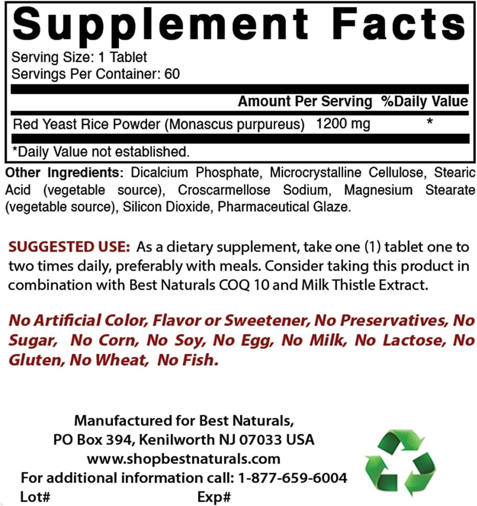 Best Naturals Red Yeast Rice 1200 Mg & Vitamin B-12 6000 mcg