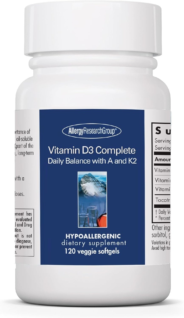 Groupe de recherche sur l'allergie Vitamine D3 Complète - Supplément Vitamine D3 et K2, Bilan quotidien, avec vitamine A, tocotriénols d'or Delta, haute puissance, softgels de légumes - 120 Compte