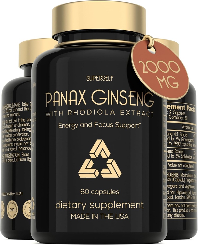 Panax Ginseng et Rhodiola Rosea 2000mg - Ginseng coréen haute résistance 60 Capsules - Supplément à base de plantes pour les hommes et les femmes - Complexe énergétique avec extrait de racine de Ginseng standardisé 7% Ginsénoside - É.-U. Fabriqué