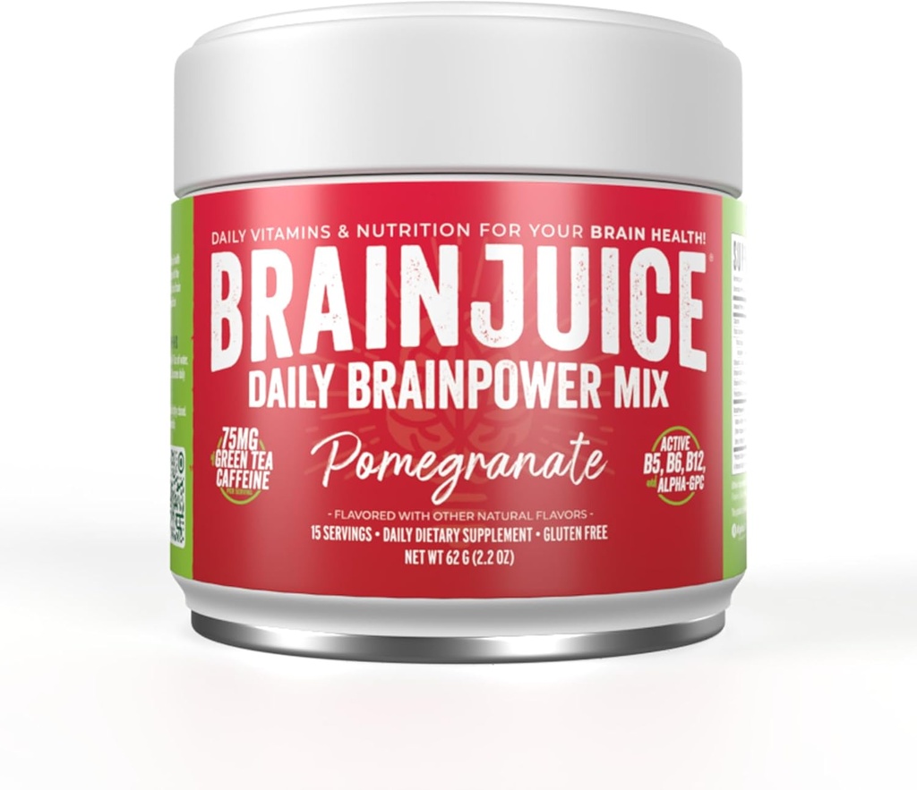 BrainJuice Nootropics Supplément de soutien au cerveau, Poudre sans gluten pour l'énergie et le focus, Mélange de boissons avec L Theanine, Alpha GPC, Vitamine B, Extrait de thé vert biologique caféine, grenade, 15 portions