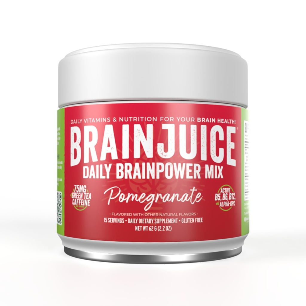 BrainJuice Nootropics Supplément de soutien au cerveau, Poudre sans gluten pour l'énergie et le focus, Mélange de boissons avec L Theanine, Alpha GPC, Vitamine B, Extrait de thé vert biologique caféine, grenade, 15 portions