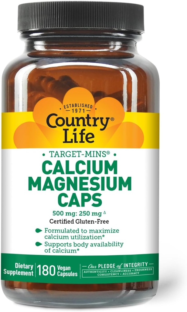 Country Life Cible-Mins Complexe de magnésium de calcium - 1000mg Calcium, 500mg Magnésium, Supplément sans gluten pour la santé des os