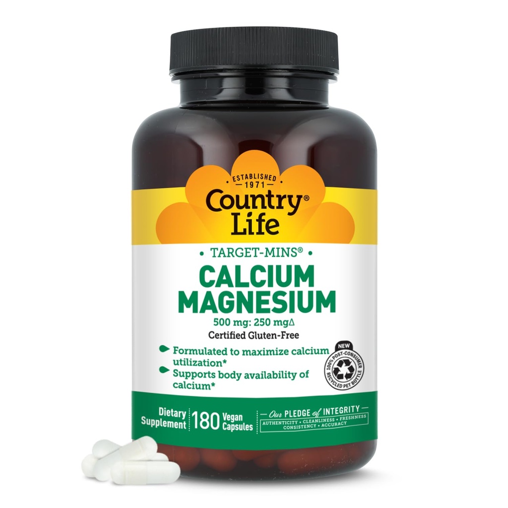 Country Life Target-Mins Calcium Magnesium Complex - 500mg Calcium, 250mg Magnesium, Gluten-Free Supplement for Bone Health