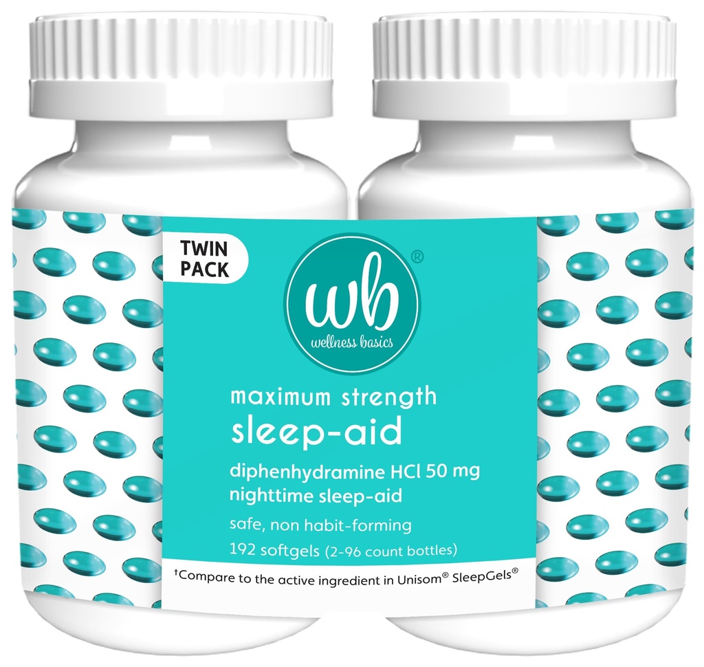 Bases de bien-être Aide au sommeil (en anglais seulement) Diphenhydramine HCl 50 mg (en anglais seulement) Former une boîte jumelée -192 Total Softgels for Reposful Sleep