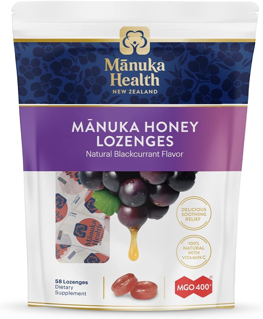 Manuka Health Manuka Honey Throat Lozenges - Blackcurrant Flavored Lozenges, 58-Count - Cough Drops Infused with Raw Manuka Honey & Vitamin C for Immune Support