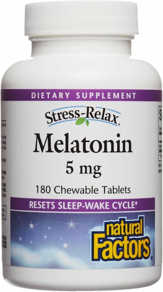 Stress-Relax Mélatonine 5 mg par Facteurs Naturels, Aide Naturelle au Sommeil, Réinitialise le Cycle Sleep-Wake, 180 comprimés à croquer (180 portions), Saveur de menthe poivrée