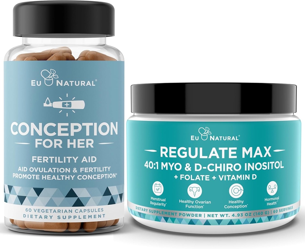 Conception pour ses capsules + Régler MAX Myo-Inositol D-Chiro Poudre d'inositol - Soutien de la fertilité, équilibre hormonal, cycles de régulation - 60 capsules molles végétariennes + 60 portions Poudre