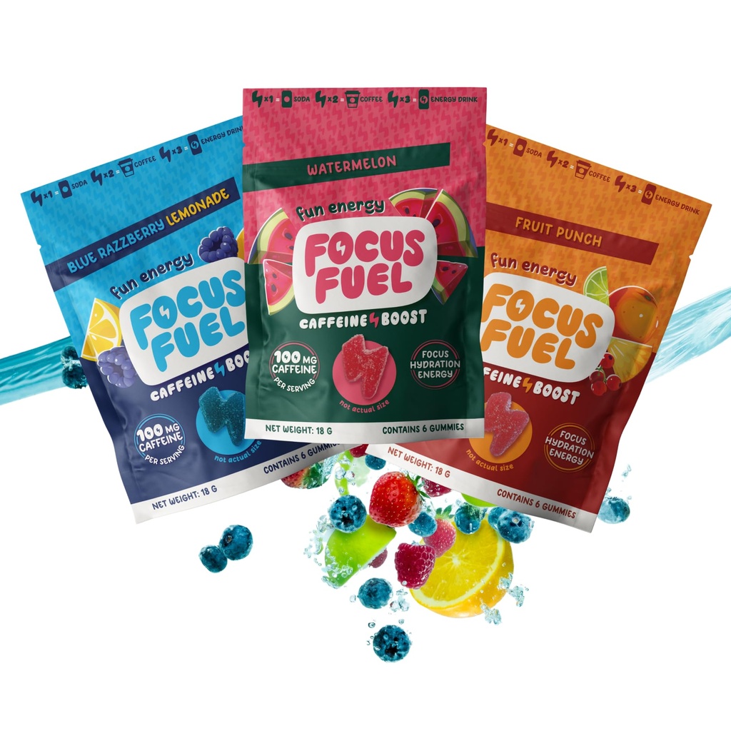 FocusFuel Energy Chews – Taille de l'essai Boîte d'échantillons de variétés (9 portions) – 100mg Caféine + Alpha GPC + L-Theanine + B12, Magnésium – Lémonade bleue à la fraise, pastèque, punch de fruits – Pas de crash ou de jitters