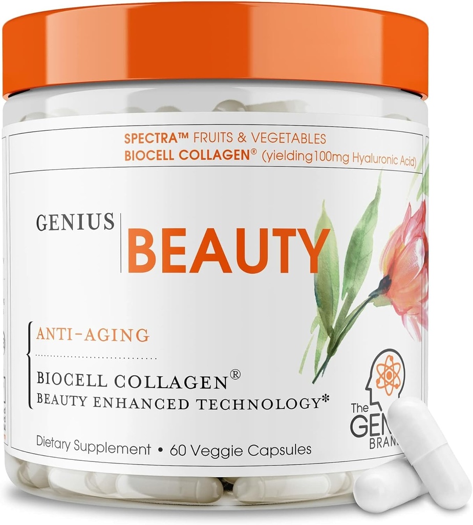 Geius Beauté, Peau de cheveux et ongles Vitamines, 60 Capsules - Supplément anti-oxydant anti-âge, pilules de collagène hydrolysées, glutathion et astaxanthine - Détox nettoyant, rides, croissance des cheveux et peau saine
