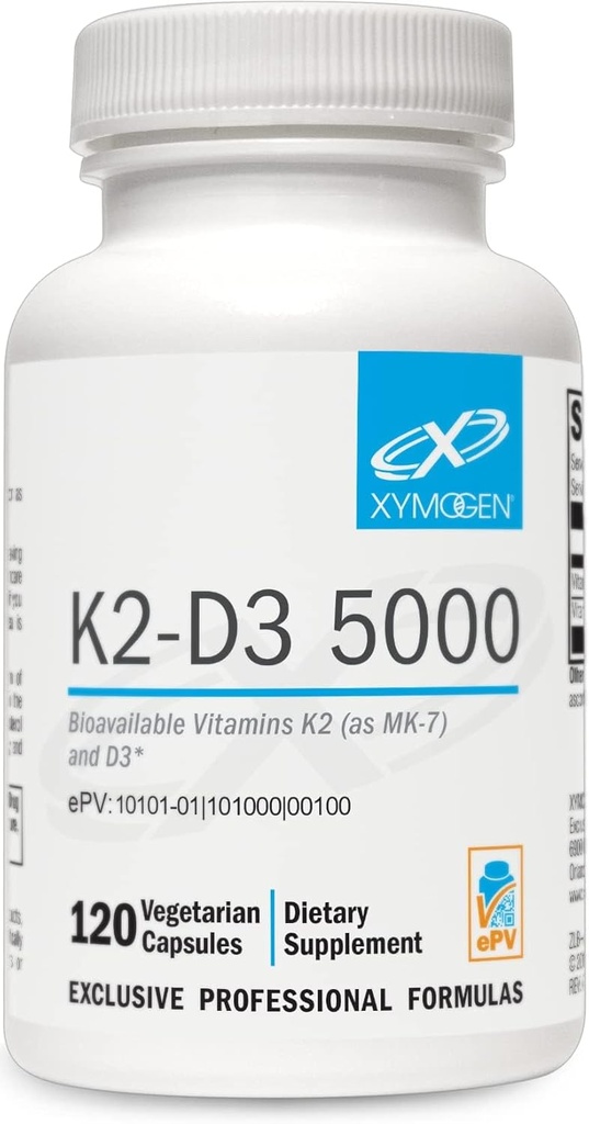 XYMOGEN K2-D3 5000 - Vitamine D3 K2 - Biodisponible Vitamine D 5000 UI (Cholecalciferol) avec MK-7 - Coeur, Artériel, Santé des os + Supplément de soutien immunitaire (120 capsules)