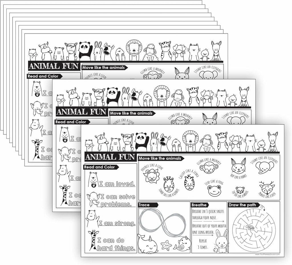 Animal Coloring Pages for Kids Bulk Activity Placemats for Kids Gross Motor Skills, Fine Motor Skills, Visual Motor Skills, Brain Break Activities, ADHD Tools for Kids, Autism Learning Materials