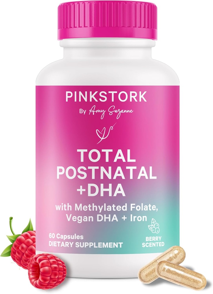 Pink Stork Vitamines postnatales totales pour les femmes avec DHA végétalien, fer, folate et vitamine B12, Essentiels de récupération postpartum, Supplément quotidien pour les mères allaitantes - 1 mois d'approvisionnement