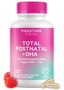 Pink Stork Vitamines postnatales totales pour les femmes avec DHA végétalien, fer, folate et vitamine B12, Essentiels de récupération postpartum, Supplément quotidien pour les mères allaitantes - 1 mois d'approvisionnement
