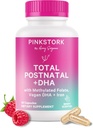 Pink Stork Vitamines postnatales totales pour les femmes avec DHA végétalien, fer, folate et vitamine B12, Essentiels de récupération postpartum, Supplément quotidien pour les mères allaitantes - 1 mois d'approvisionnement
