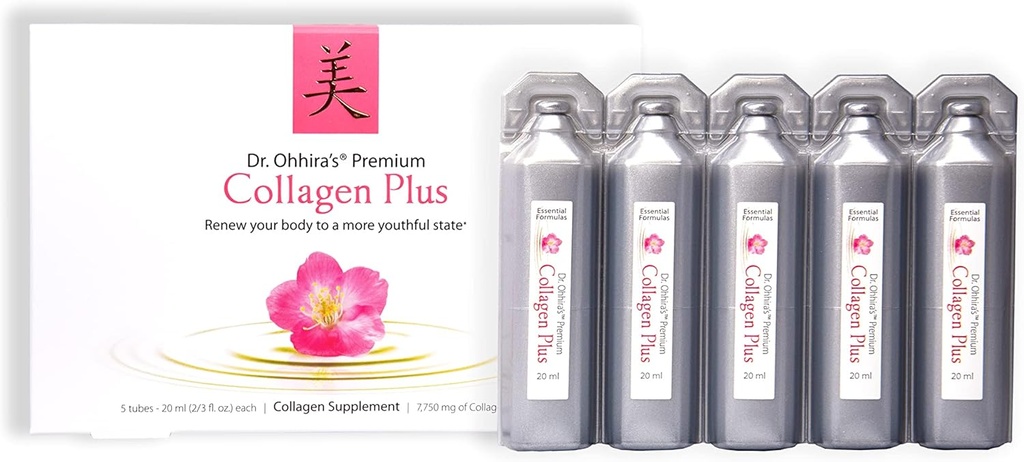 Le Premium Collagen Plus du Dr Ohhira. Un supplément de collagène liquide facile à mélanger avec 7 750 mg de peptides de collagène marin, un extrait de cerise et un concentré probiotique à base végétale, 5 paquets