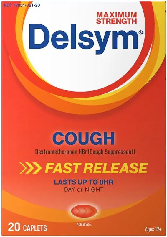 Delsym Strength Maximum Cough Suppressant, Caplets de libération rapide, dure jusqu'à 8 heures Jour ou nuit, 20 Compte