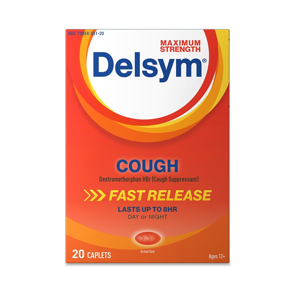 Delsym Strength Maximum Cough Suppressant, Caplets de libération rapide, dure jusqu'à 8 heures Jour ou nuit, 20 Compte