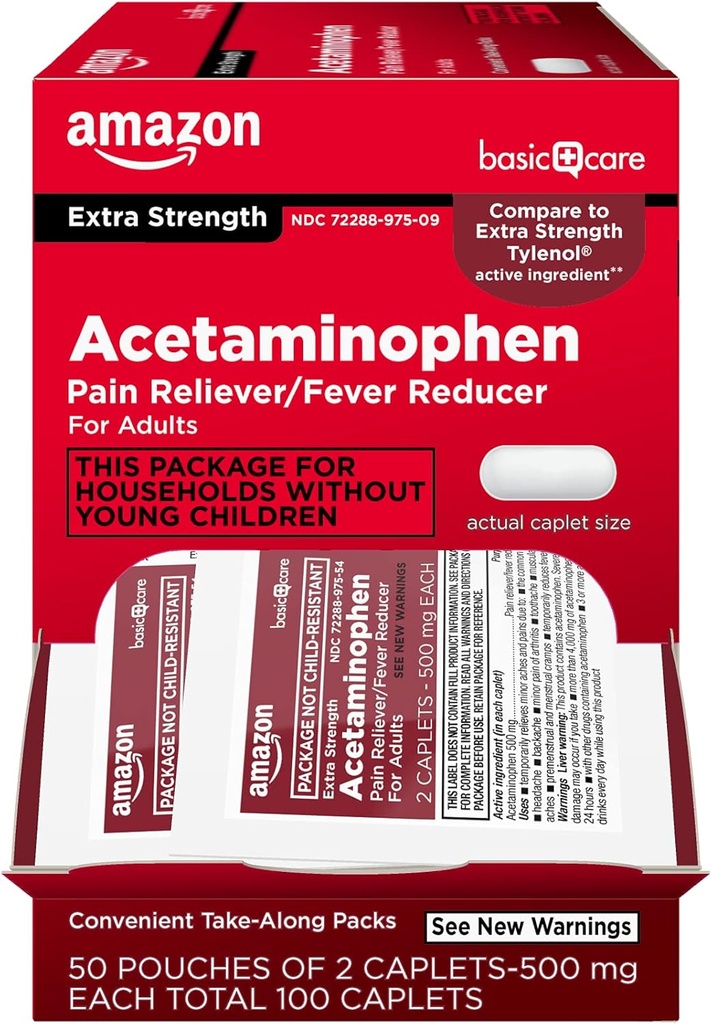 Amazon Basic Care - Extra Strength Acetaminophen Caplet 500 mg, 100 Compte ( 50 sachets de 2 capsules )