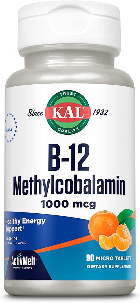 KAL Vitamine B12 Méthylcobalamine 1000mcg, Énergie saine, Métabolisme, Nerve & Soutien des cellules sanguines rouges,* Dissoudre rapidement ActivMelt, Absorption optimale, Saveur de Tangerine naturelle, 90 portions, 90 microonglets