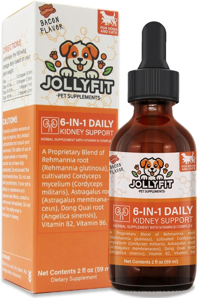 Soutien au rein 6-en-1 pour les chiens et les chats – favorise la fonction rénale saine, les niveaux d'énergie et l'équilibre des fluides – supplément à base de plantes à base de vitamine B2 et B6 – 2 fl oz (59 ml)
