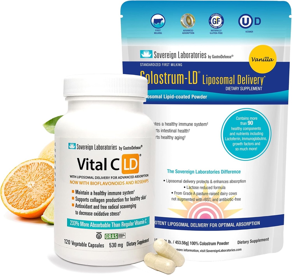 Immunity and Gut Health Bundle - 90 jours d'approvisionnement en colostrum-LD et 60 jours d'approvisionnement en C Vital avec des rosiers et des bioflavonoïdes.